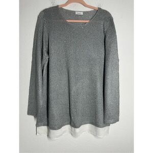 Jessica C&A Women’s Gray Silver Sweater Crewneck White Bottom Trim Size XL